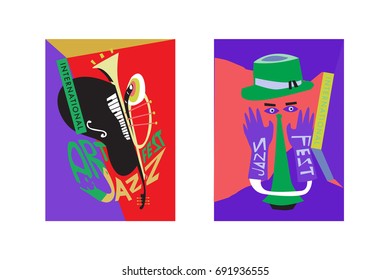Colorful international jazz festival. Musicians, singers and musical instruments poster set flat vector illustration. Poster template for jazz and music events.