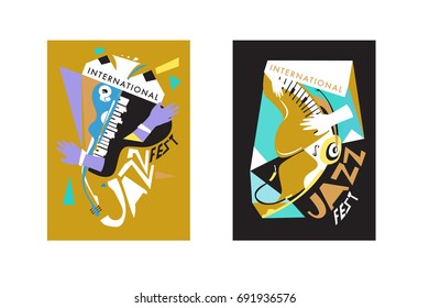 Colorful international jazz festival. Musicians, singers and musical instruments poster set flat vector illustration. Poster template for jazz and music events.