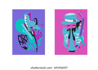 Colorful international jazz festival. Musicians, singers and musical instruments poster set flat vector illustration. Poster template for jazz and music events.