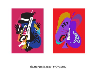 Colorful international jazz festival. Musicians, singers and musical instruments poster set flat vector illustration. Poster template for jazz and music events.