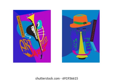 Colorful international jazz festival. Musicians, singers and musical instruments poster set flat vector illustration. Poster template for jazz and music events.