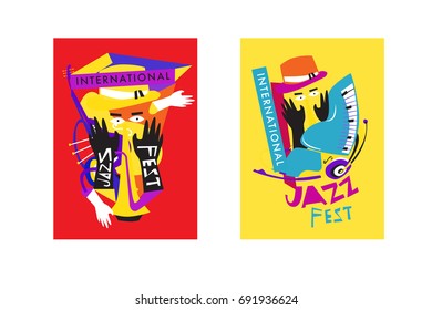 Colorful international jazz festival. Musicians, singers and musical instruments poster set flat vector illustration. Poster template for jazz and music events.