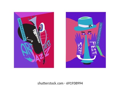 Colorful international jazz festival. Musicians, singers and musical instruments poster set flat vector illustration. Poster template for jazz and music events.