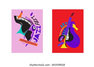 Colorful international jazz festival. Musicians, singers and musical instruments poster set flat vector illustration. Poster template for jazz and music events.