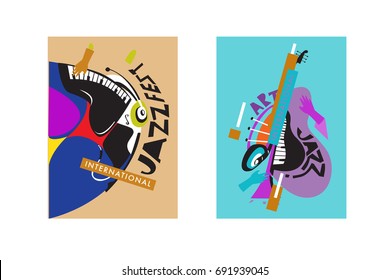 Colorful international jazz festival. Musicians, singers and musical instruments poster set flat vector illustration. Poster template for jazz and music events.