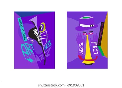 Colorful international jazz festival. Musicians, singers and musical instruments poster set flat vector illustration. Poster template for jazz and music events.
