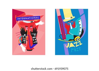 Colorful international jazz festival. Musicians, singers and musical instruments poster set flat vector illustration. Poster template for jazz and music events.