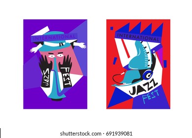 Colorful international jazz festival. Musicians, singers and musical instruments poster set flat vector illustration. Poster template for jazz and music events.
