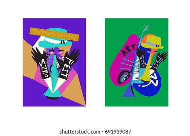 Colorful international jazz festival. Musicians, singers and musical instruments poster set flat vector illustration. Poster template for jazz and music events.