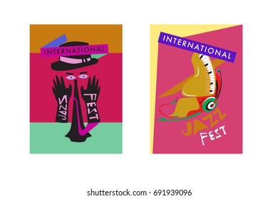 Colorful international jazz festival. Musicians, singers and musical instruments poster set flat vector illustration. Poster template for jazz and music events.