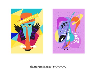 Colorful international jazz festival. Musicians, singers and musical instruments poster set flat vector illustration. Poster template for jazz and music events.
