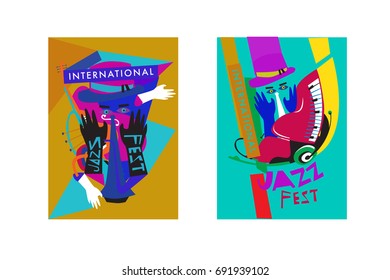Colorful international jazz festival. Musicians, singers and musical instruments poster set flat vector illustration. Poster template for jazz and music events.