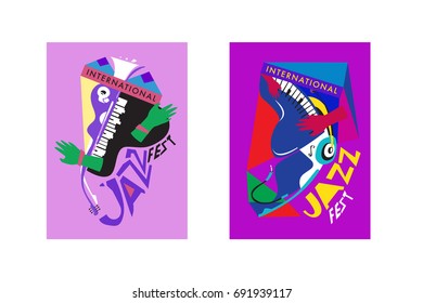Colorful international jazz festival. Musicians, singers and musical instruments poster set flat vector illustration. Poster template for jazz and music events.