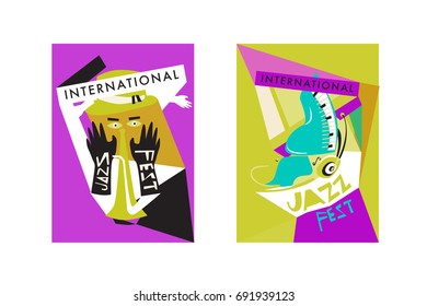Colorful international jazz festival. Musicians, singers and musical instruments poster set flat vector illustration. Poster template for jazz and music events.