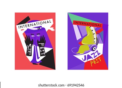 Colorful international jazz festival. Musicians, singers and musical instruments poster set flat vector illustration. Poster template for jazz and music events.