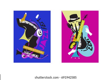 Colorful international jazz festival. Musicians, singers and musical instruments poster set flat vector illustration. Poster template for jazz and music events.