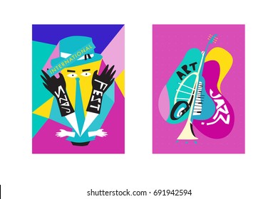 Colorful international jazz festival. Musicians, singers and musical instruments poster set flat vector illustration. Poster template for jazz and music events.
