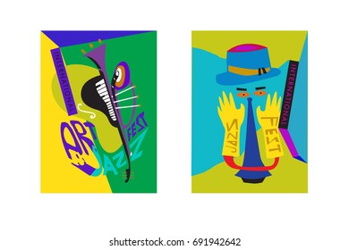 Colorful international jazz festival. Musicians, singers and musical instruments poster set flat vector illustration. Poster template for jazz and music events.