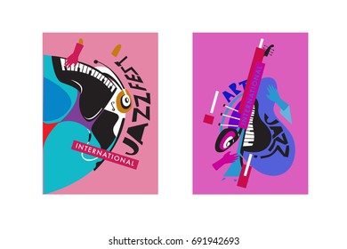 Colorful international jazz festival. Musicians, singers and musical instruments poster set flat vector illustration. Poster template for jazz and music events.