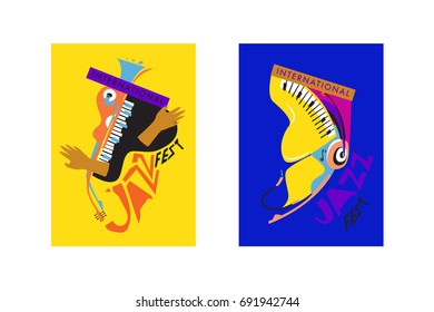 Colorful international jazz festival. Musicians, singers and musical instruments poster set flat vector illustration. Poster template for jazz and music events.