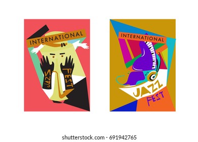 Colorful international jazz festival. Musicians, singers and musical instruments poster set flat vector illustration. Poster template for jazz and music events.