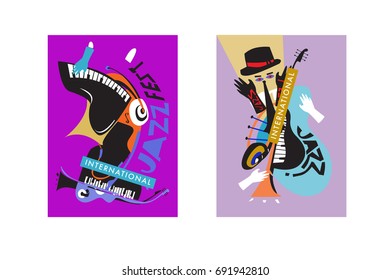 Colorful international jazz festival. Musicians, singers and musical instruments poster set flat vector illustration. Poster template for jazz and music events.