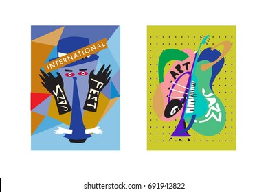 Colorful international jazz festival. Musicians, singers and musical instruments poster set flat vector illustration. Poster template for jazz and music events.