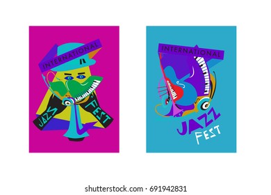 Colorful international jazz festival. Musicians, singers and musical instruments poster set flat vector illustration. Poster template for jazz and music events.