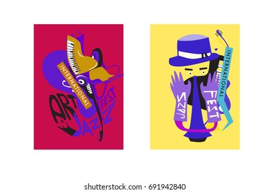 Colorful international jazz festival. Musicians, singers and musical instruments poster set flat vector illustration. Poster template for jazz and music events.