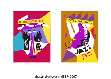 Colorful international jazz festival. Musicians, singers and musical instruments poster set flat vector illustration. Poster template for jazz and music events.