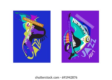 Colorful international jazz festival. Musicians, singers and musical instruments poster set flat vector illustration. Poster template for jazz and music events.