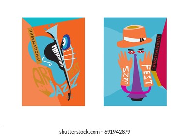 Colorful international jazz festival. Musicians, singers and musical instruments poster set flat vector illustration. Poster template for jazz and music events.