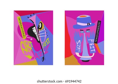 Colorful international jazz festival. Musicians, singers and musical instruments poster set flat vector illustration. Poster template for jazz and music events.