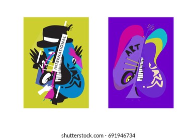 Colorful international jazz festival. Musicians, singers and musical instruments poster set flat vector illustration. Poster template for jazz and music events.