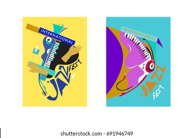 Colorful international jazz festival. Musicians, singers and musical instruments poster set flat vector illustration. Poster template for jazz and music events.