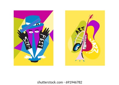 Colorful international jazz festival. Musicians, singers and musical instruments poster set flat vector illustration. Poster template for jazz and music events.