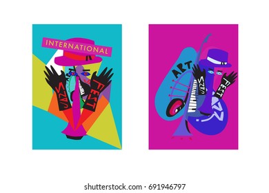 Colorful international jazz festival. Musicians, singers and musical instruments poster set flat vector illustration. Poster template for jazz and music events.