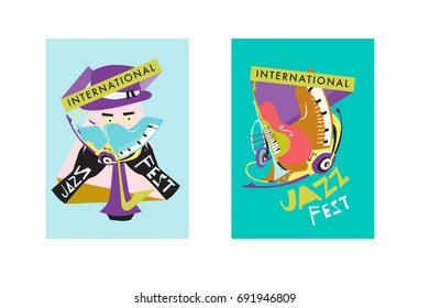 Colorful international jazz festival. Musicians, singers and musical instruments poster set flat vector illustration. Poster template for jazz and music events.