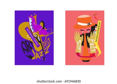 Colorful international jazz festival. Musicians, singers and musical instruments poster set flat vector illustration. Poster template for jazz and music events.