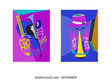 Colorful international jazz festival. Musicians, singers and musical instruments poster set flat vector illustration. Poster template for jazz and music events.