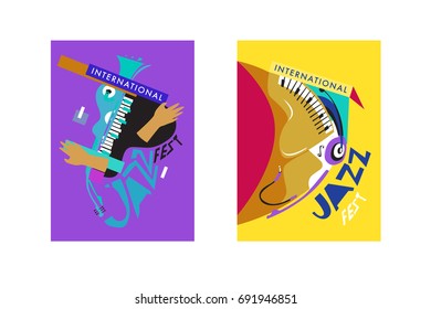 Colorful international jazz festival. Musicians, singers and musical instruments poster set flat vector illustration. Poster template for jazz and music events.