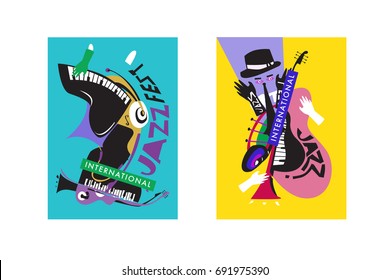 Colorful international jazz festival. Musicians, singers and musical instruments poster set flat vector illustration. Poster template for jazz and music events.