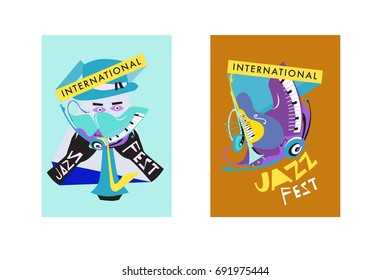 Colorful international jazz festival. Musicians, singers and musical instruments poster set flat vector illustration. Poster template for jazz and music events.