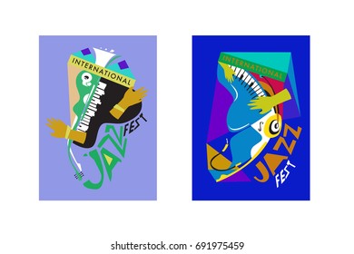 Colorful international jazz festival. Musicians, singers and musical instruments poster set flat vector illustration. Poster template for jazz and music events.