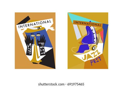 Colorful international jazz festival. Musicians, singers and musical instruments poster set flat vector illustration. Poster template for jazz and music events.
