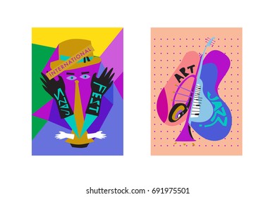 Colorful international jazz festival. Musicians, singers and musical instruments poster set flat vector illustration. Poster template for jazz and music events.