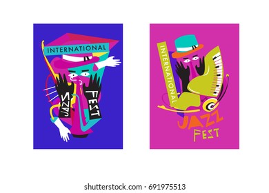 Colorful international jazz festival. Musicians, singers and musical instruments poster set flat vector illustration. Poster template for jazz and music events.