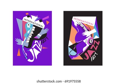 Colorful international jazz festival. Musicians, singers and musical instruments poster set flat vector illustration. Poster template for jazz and music events.