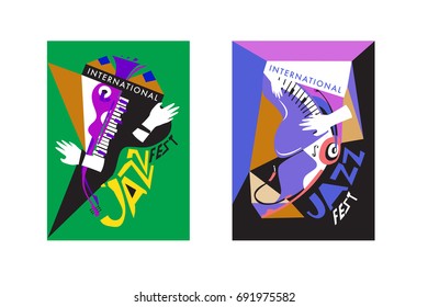Colorful international jazz festival. Musicians, singers and musical instruments poster set flat vector illustration. Poster template for jazz and music events.