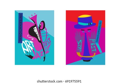 Colorful international jazz festival. Musicians, singers and musical instruments poster set flat vector illustration. Poster template for jazz and music events.
